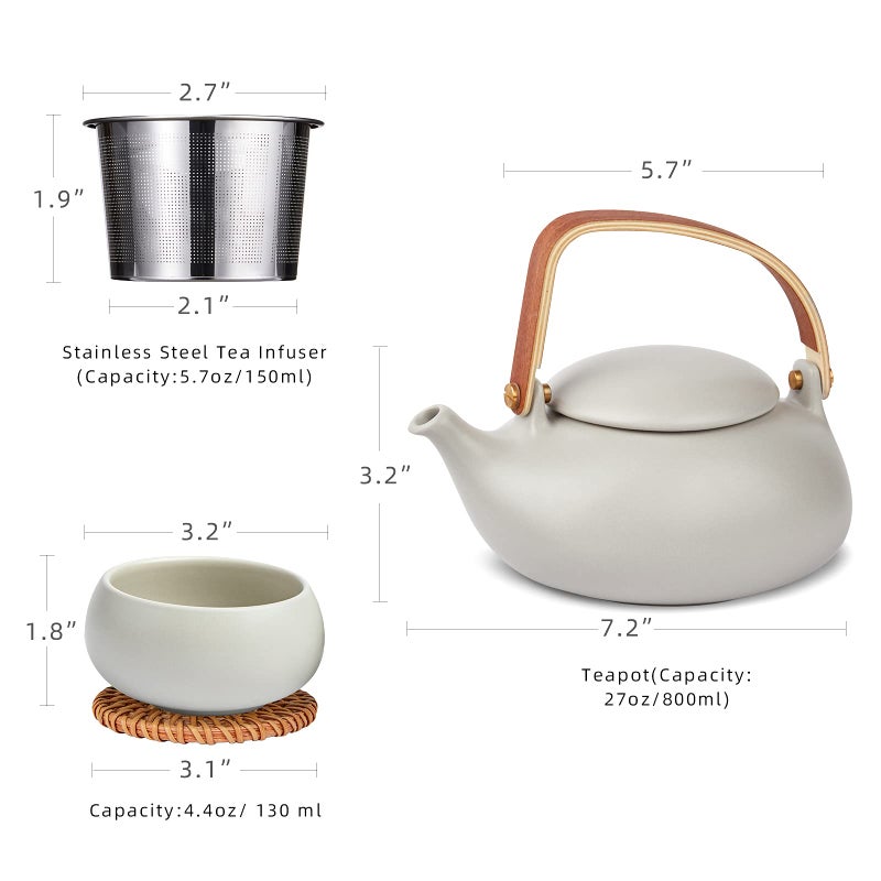 ZENS Vintage Japanese Tea Set, 27oz Ceramic Japanese Teapot with Infuser, Wood Handle Matte Gray Teapot with Strainers and 4 Cups for Tea Party, Women's Gift - Image 3